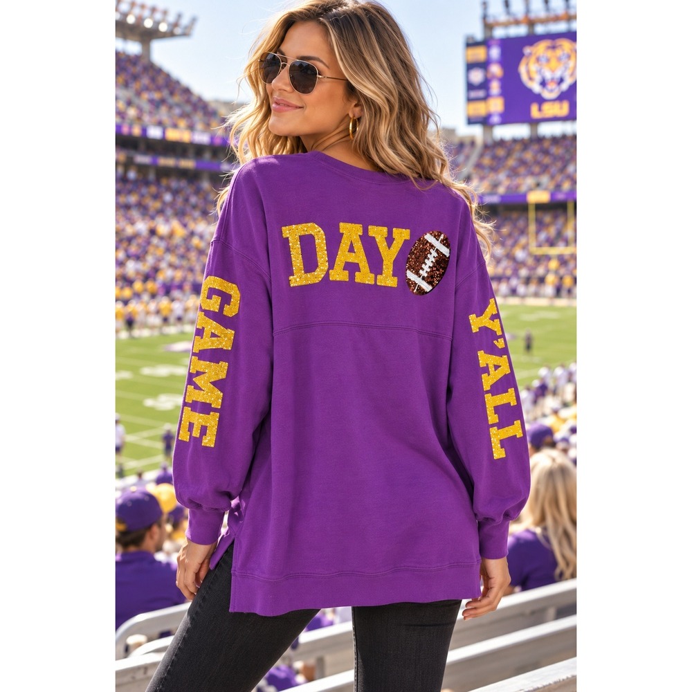 Fantastic Fawn Purple Game Day Y'all Sequin Football Spirit Jersey Medium NEW
